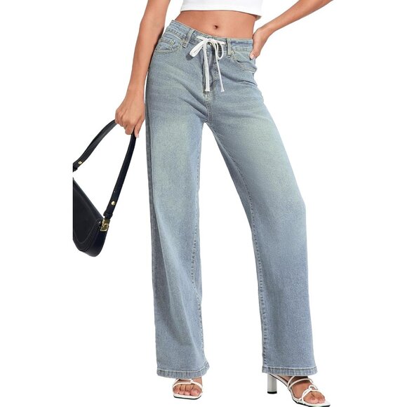 Womens High Waist Wide Leg Denim Jeans Drawstring Casual Cotton Polyester - Picture 4 of 7